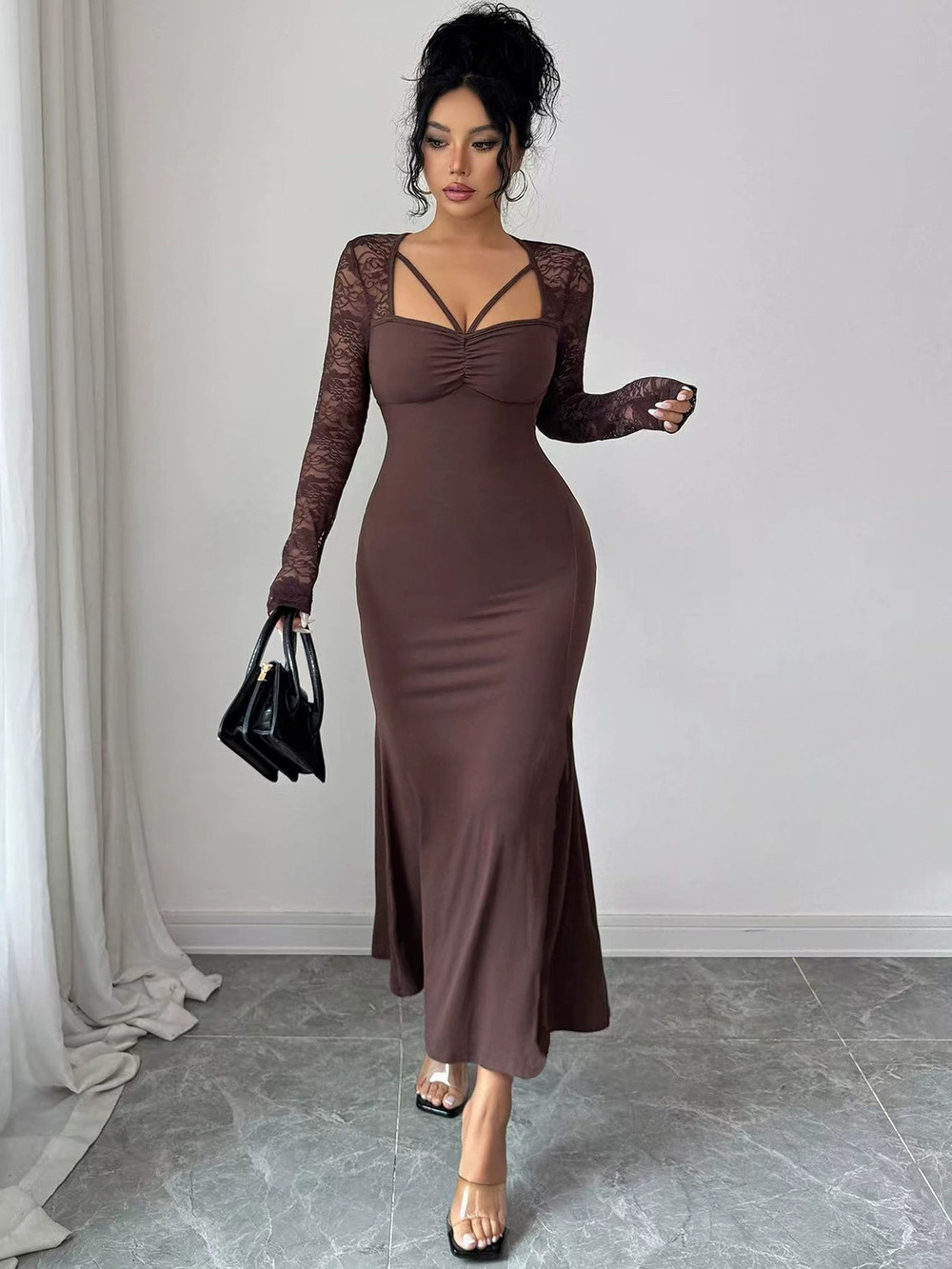 ZARA Sexy Slimming Lace Long Sleeve Cross Neck Pleated Bodycon Long Dress